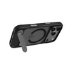 A black protective phone case with a built-in kickstand, shown on a white background. The case is fitted over a smartphone with a triple-camera system.