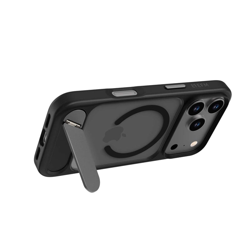 A black protective phone case with a built-in kickstand, shown on a white background. The case is fitted over a smartphone with a triple-camera system.