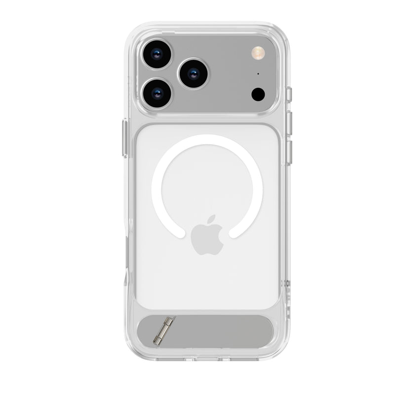 A clear MagSafe-compatible phone case shown on the back of a silver iPhone, featuring a white circular magnetic ring and a gray Apple logo visible through the transparent case.
