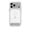 A clear MagSafe-compatible phone case shown on the back of a silver iPhone, featuring a white circular magnetic ring and a grey Apple logo visible through the transparent case.
