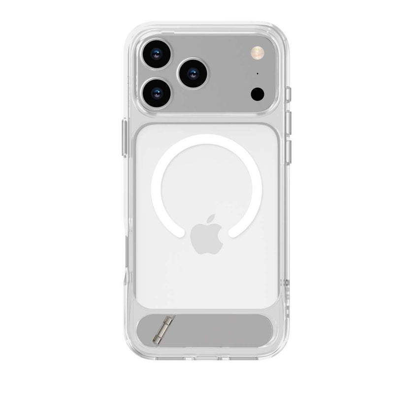A clear MagSafe-compatible phone case shown on the back of a silver iPhone, featuring a white circular magnetic ring and a grey Apple logo visible through the transparent case.