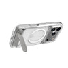 A clear protective phone case with a built-in silver metal kickstand, shown on a silver iPhone. The case features a MagSafe-compatible circular ring on the back.
