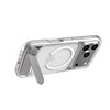 A clear protective phone case with a built-in silver metal kickstand, shown on a silver iPhone. The case features a MagSafe-compatible circular ring on the back.