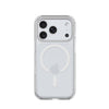 A clear MagSafe-compatible phone case shown on a silver smartphone, featuring a white circular magnetic ring design on the back.