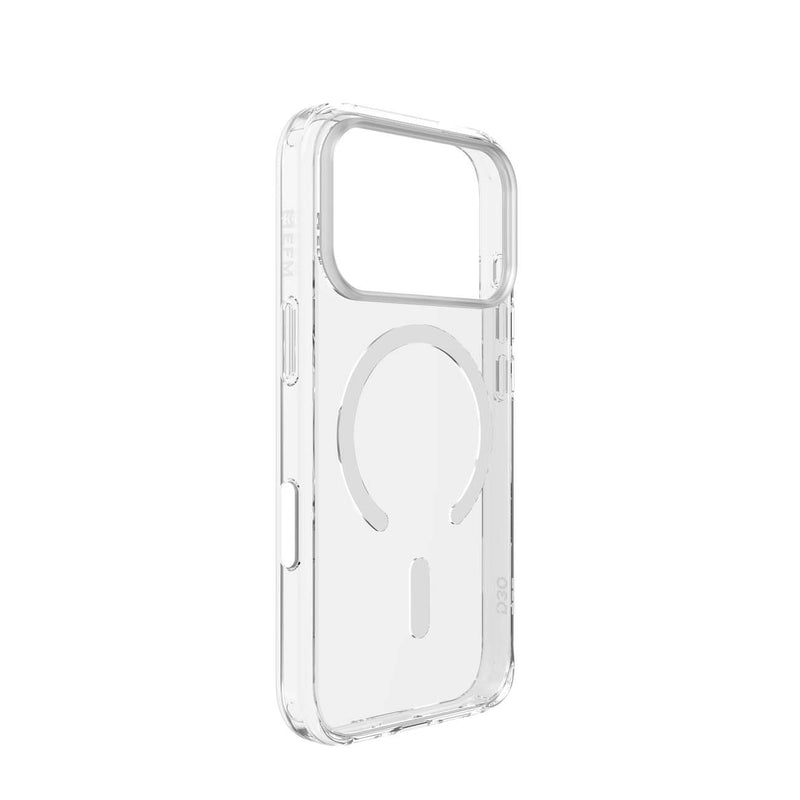 A clear, transparent protective phone case with MagSafe compatibility, shown from a three-quarters angle on a solid white background.