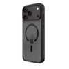 A black protective phone case with a transparent back panel, featuring a MagSafe ring and an Apple logo cutout, shown on a white background.