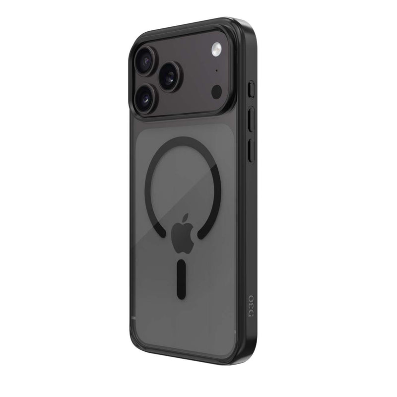 A black protective phone case with a transparent back panel, featuring a MagSafe ring and an Apple logo cutout, shown on a white background.