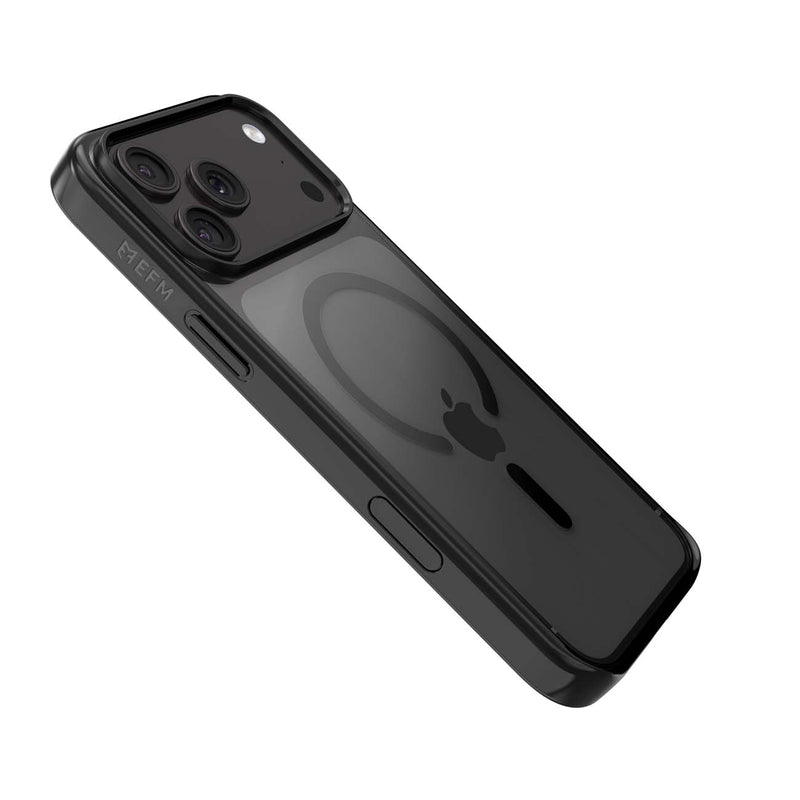 A black MagSafe-compatible phone case with a raised camera bumper, shown on a white background. The case features a subtle circular MagSafe ring design on the back.