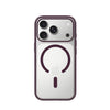 A clear MagSafe-compatible phone case with a dark purple bumper frame and a matching dark purple MagSafe ring graphic on the back, shown on a silver iPhone.