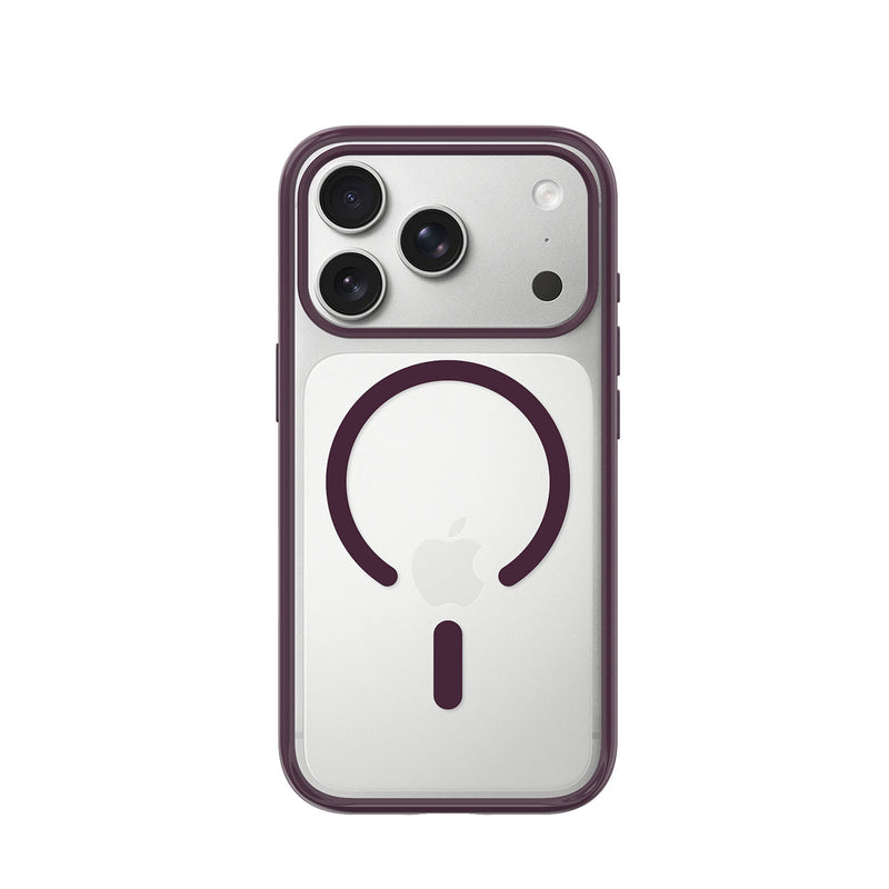 A clear MagSafe-compatible phone case with a dark purple bumper frame and a matching dark purple MagSafe ring graphic on the back, shown on a silver iPhone.