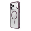 A clear MagSafe-compatible phone case with a dark plum purple bumper frame, shown on a silver iPhone against a solid white background.