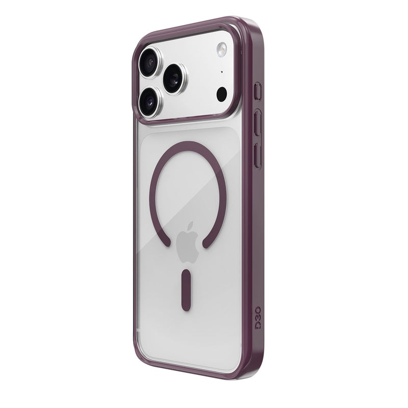 A clear MagSafe-compatible phone case with a dark plum purple bumper frame, shown on a silver iPhone against a solid white background.