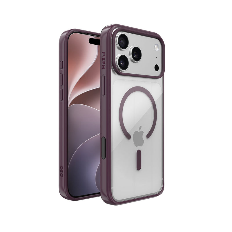 A MagSafe-compatible phone case in a dark plum purple colour, shown on a smartphone from both the front and back angles against a solid white background.
