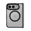 A clear protective phone case with a black bumper frame and MagSafe ring, shown on a silver smartphone against a white background.