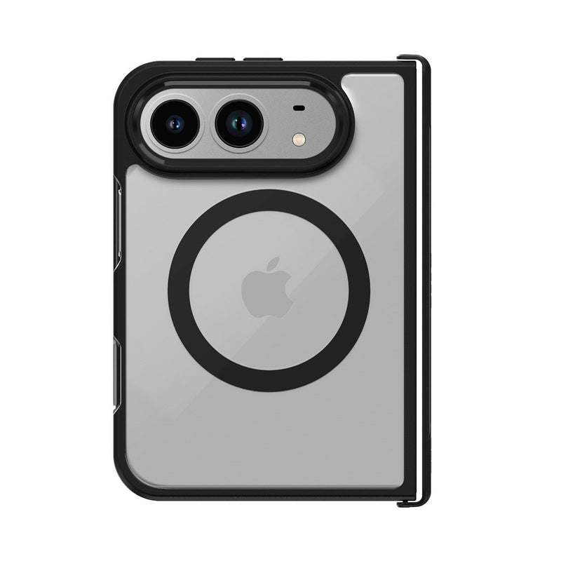 A clear protective phone case with a black bumper frame and MagSafe ring, shown on a silver smartphone against a white background.