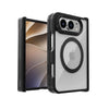 A clear and black protective phone case shown from the back and side on a white background. The case features a large circular MagSafe ring on the back, a raised camera bumper, and a slim black frame.