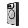 A clear and black protective phone case with MagSafe compatibility, shown on a white smartphone against a solid white background.
