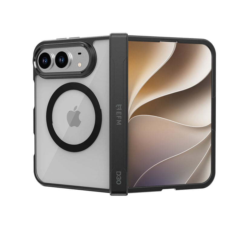 A clear and black protective phone case with MagSafe compatibility, shown on a smartphone with a gold-toned abstract wallpaper. The case features a black protective bumper frame and a vertical black strap with the brand name 'EFM' and model 'D3O' printed on it.