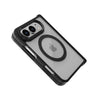 A clear and black protective phone case with MagSafe compatibility, shown on a silver iPhone against a white background.
