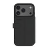 Black textured phone case with a built-in strap and card slots, shown on a smartphone against a plain white background.