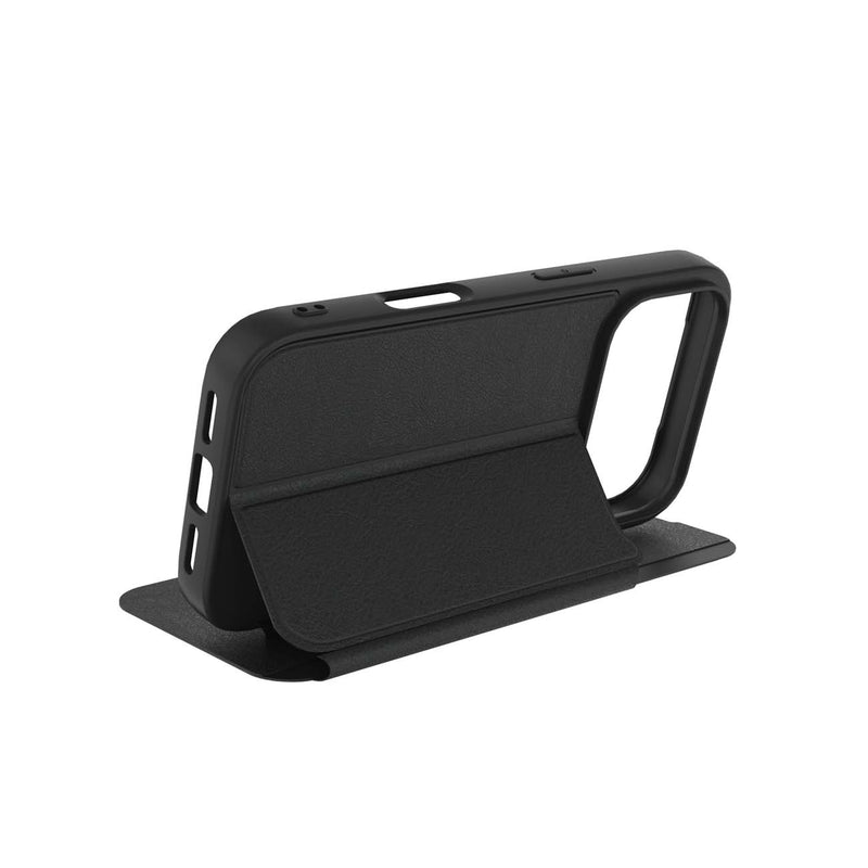 A black protective phone case with an integrated kickstand, shown in a three-quarter view on a solid white background.