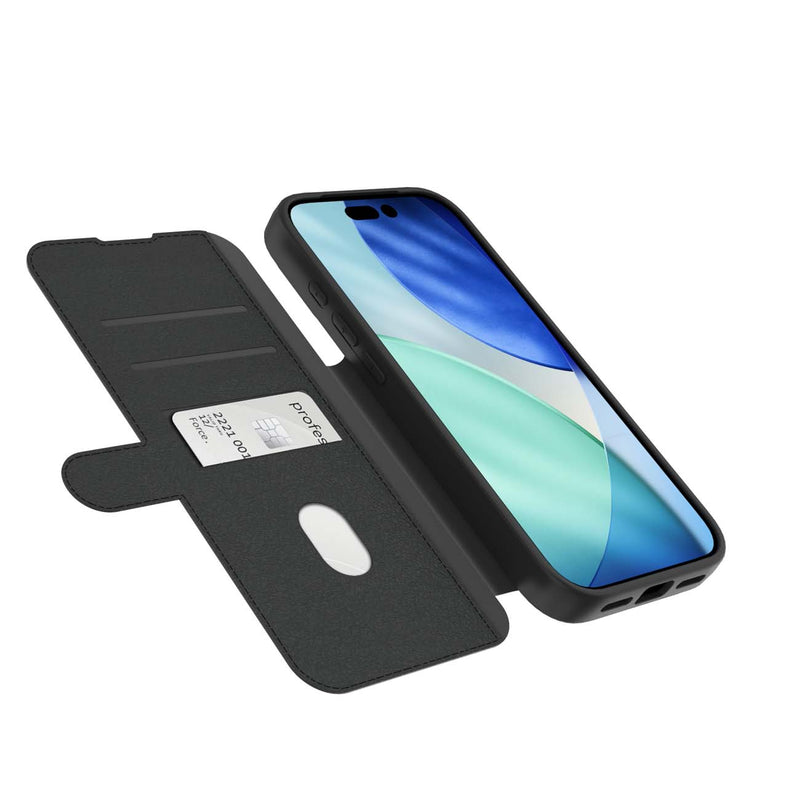 Black folio-style phone case shown open, with a smartphone inserted. The case has a textured exterior, a kickstand, and a card slot on the inner flap.