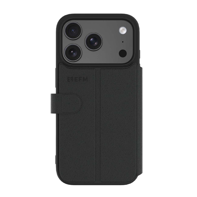 Black textured phone case with a built-in strap and card slots, shown on a smartphone against a plain white background.