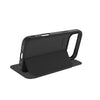 Black protective phone case with an integrated kickstand, shown standing open on a plain white background.