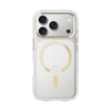 A clear protective phone case with a metallic gold MagSafe ring on the back, shown on a silver iPhone against a solid white background.