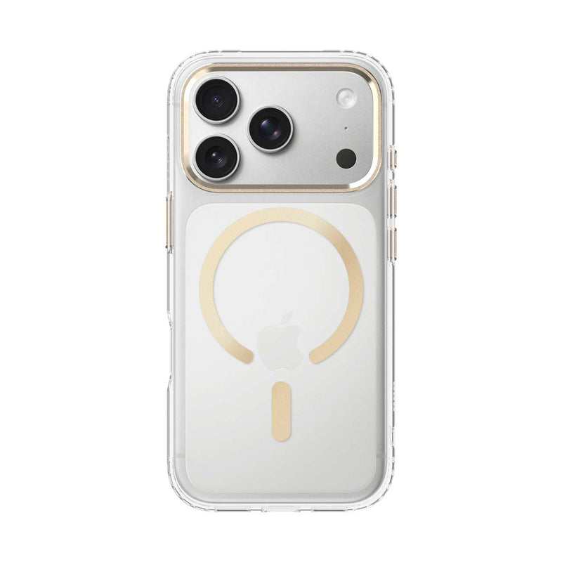 A clear protective phone case with a metallic gold MagSafe ring on the back, shown on a silver iPhone against a solid white background.
