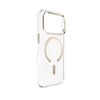 A clear protective phone case with a metallic gold MagSafe ring and camera bumper, shown on a white background.