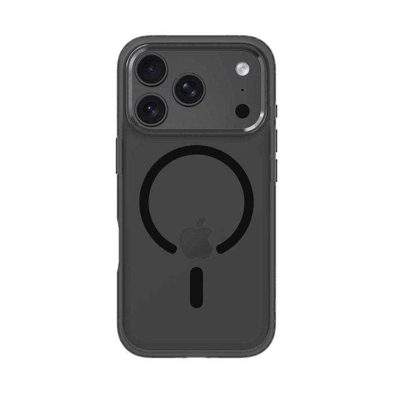 A dark gray MagSafe-compatible phone case shown on a black smartphone, featuring a circular MagSafe ring design on the back, set against a plain white background.