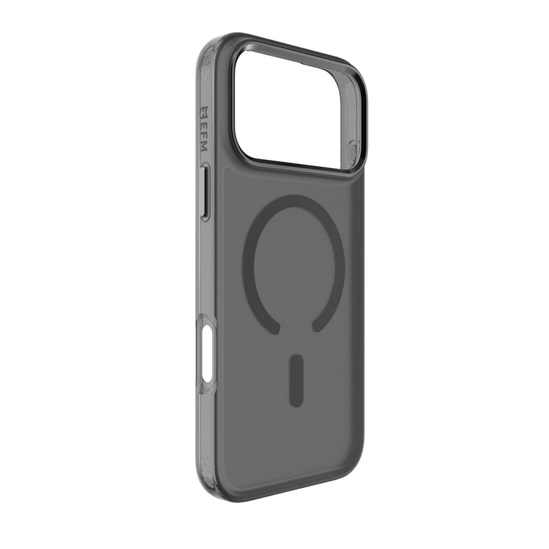 A dark gray transparent phone case with a MagSafe-compatible circular magnetic ring on the back, shown from a three-quarters angle on a white background.