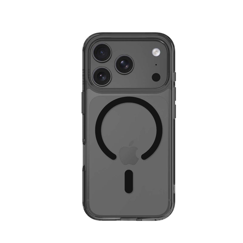 A clear protective phone case with a black MagSafe-compatible circular ring design on the back, fitted onto a black iPhone shown on a white background.