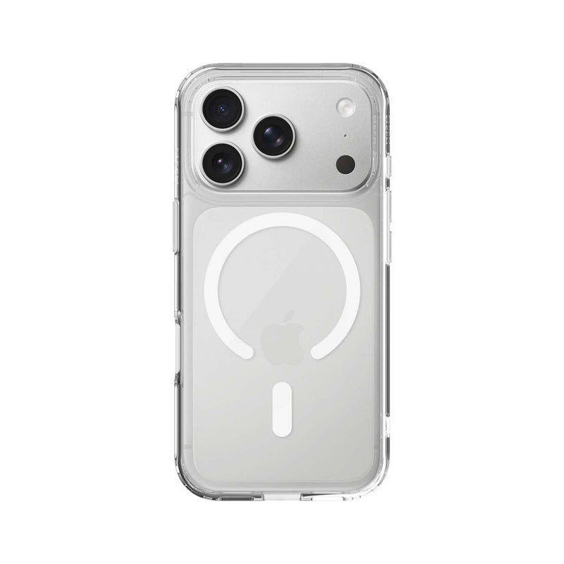 A clear protective phone case with a white MagSafe ring on the back, shown on a silver iPhone against a plain white background.