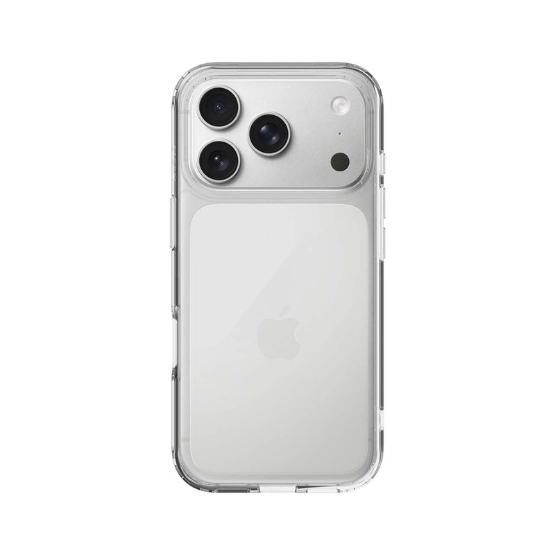 A clear protective phone case shown on the back of a silver iPhone, photographed against a solid white background.