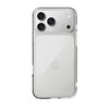 A clear protective phone case shown on the back of a silver iPhone, photographed against a solid white background.