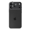 A black protective phone case with a raised camera bar and three circular lens protectors, shown on the back of an iPhone against a plain white background.