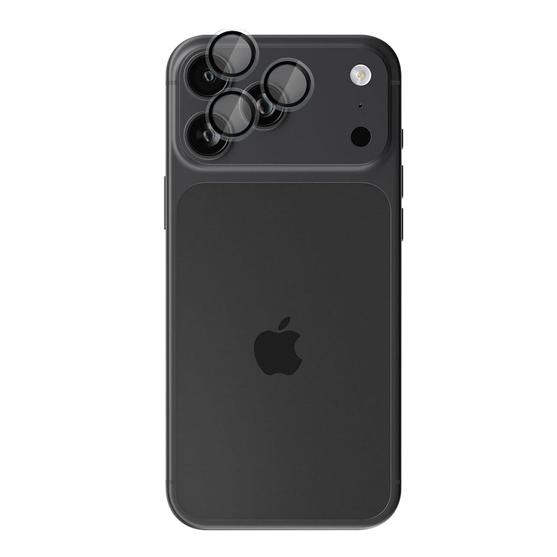 A black protective phone case with a raised camera bar and three circular lens protectors, shown on the back of an iPhone against a plain white background.