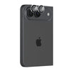 A dark gray Apple iPhone shown from the back, featuring a black Apple logo and two circular camera lens protectors, set against a plain white background.
