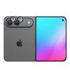 A dark gray Apple iPhone shown from both the back and front. The back view displays two camera lenses, a flash, and the black Apple logo.