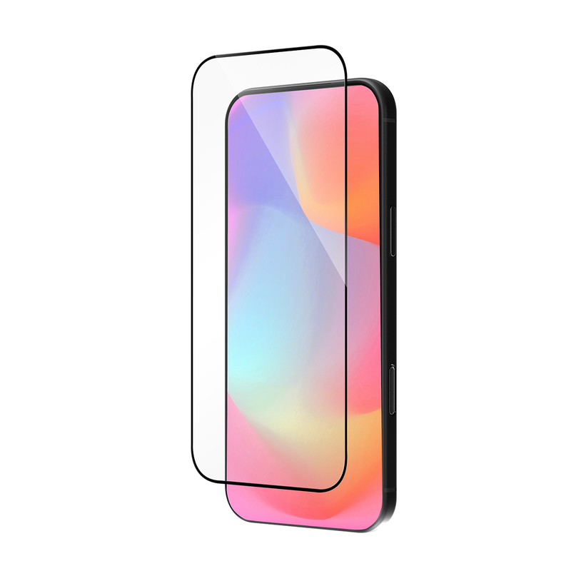 A clear tempered glass screen protector with a black border, shown floating in front of a smartphone with a colorful display on a plain white background.