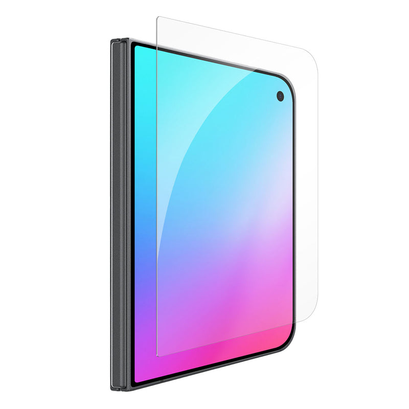 A clear tempered glass screen protector shown partially detached from a smartphone with a black frame and a blue-to-pink gradient display, on a plain white background.