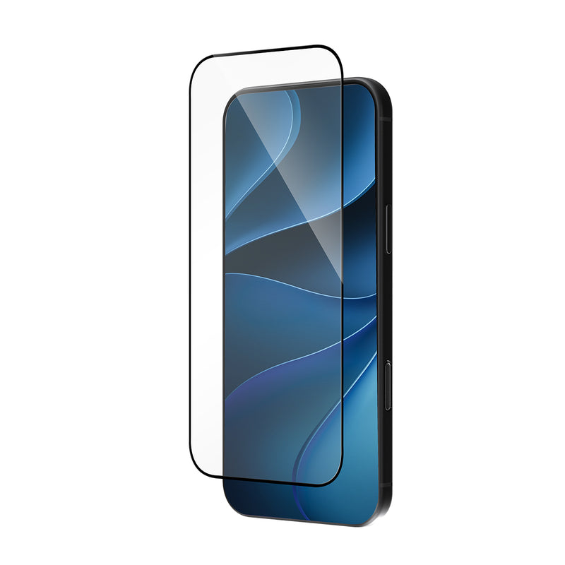 A clear tempered glass screen protector with a black border, shown partially covering the front of a black smartphone on a plain white background.