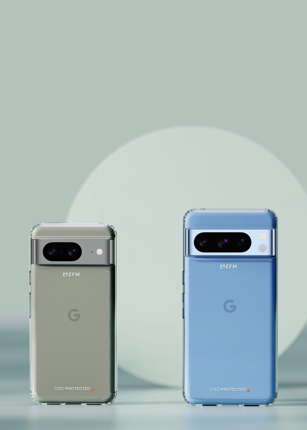 Two smartphones, one silver and one blue, on a reflective surface with a light gray background.