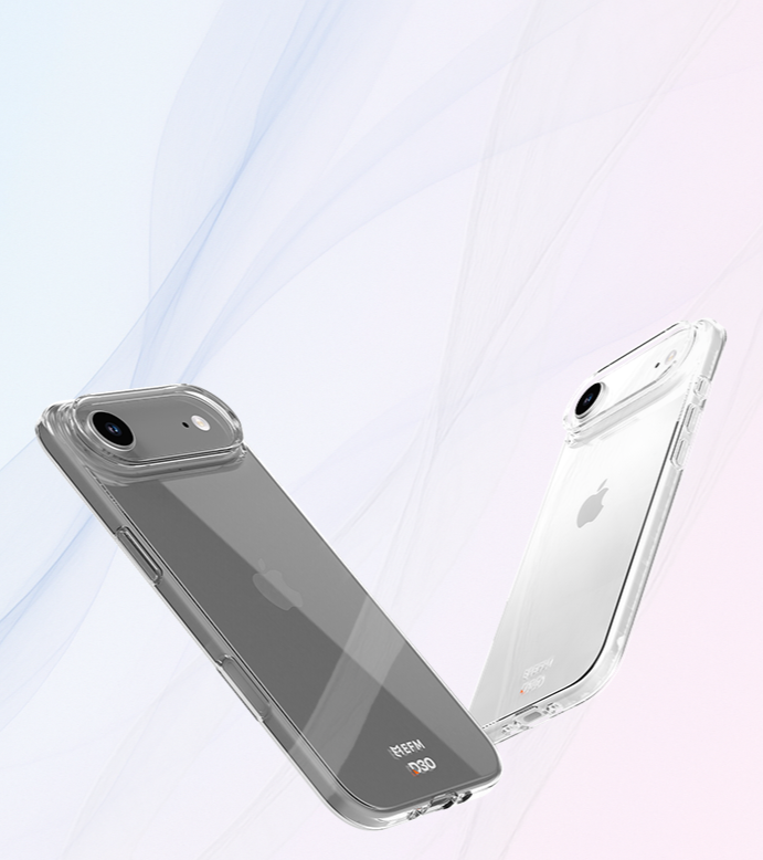Phone case with a reflective surface on a light blue gradient background